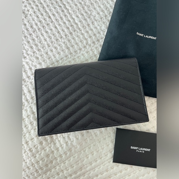 Saint Laurent Monogram Small Envelope Wallet on Chain/ Clutch - Black w Silver - Picture 7 of 9